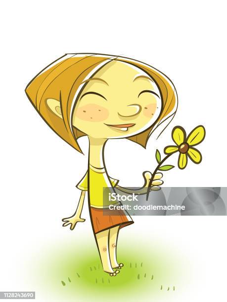 Happy Girl With Flower Stock Illustration - Download Image Now - Baby - Human Age, Cartoon, Characters
