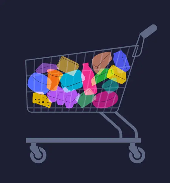 Vector illustration of Shopping trolley with various Dairy Products