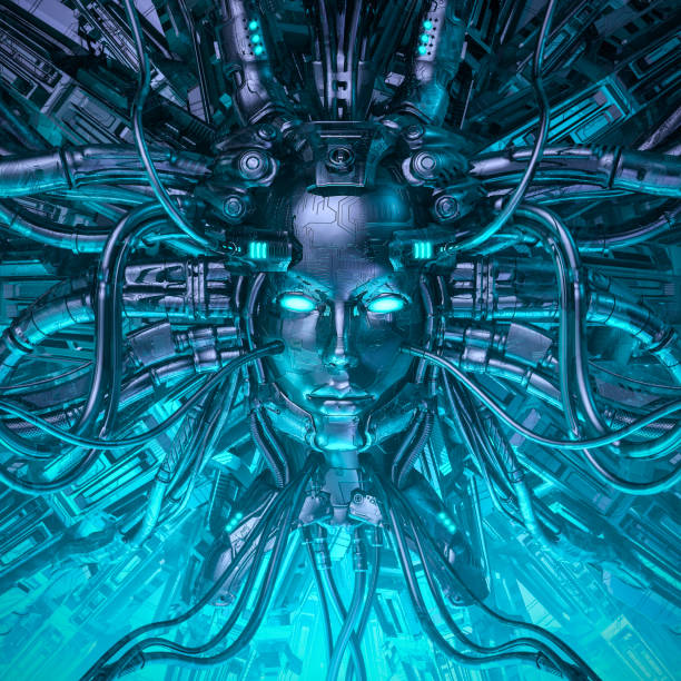 Mind of the machine 3D illustration of robotic science fiction female artificial intelligence hardwired to computer core robot head stock pictures, royalty-free photos & images