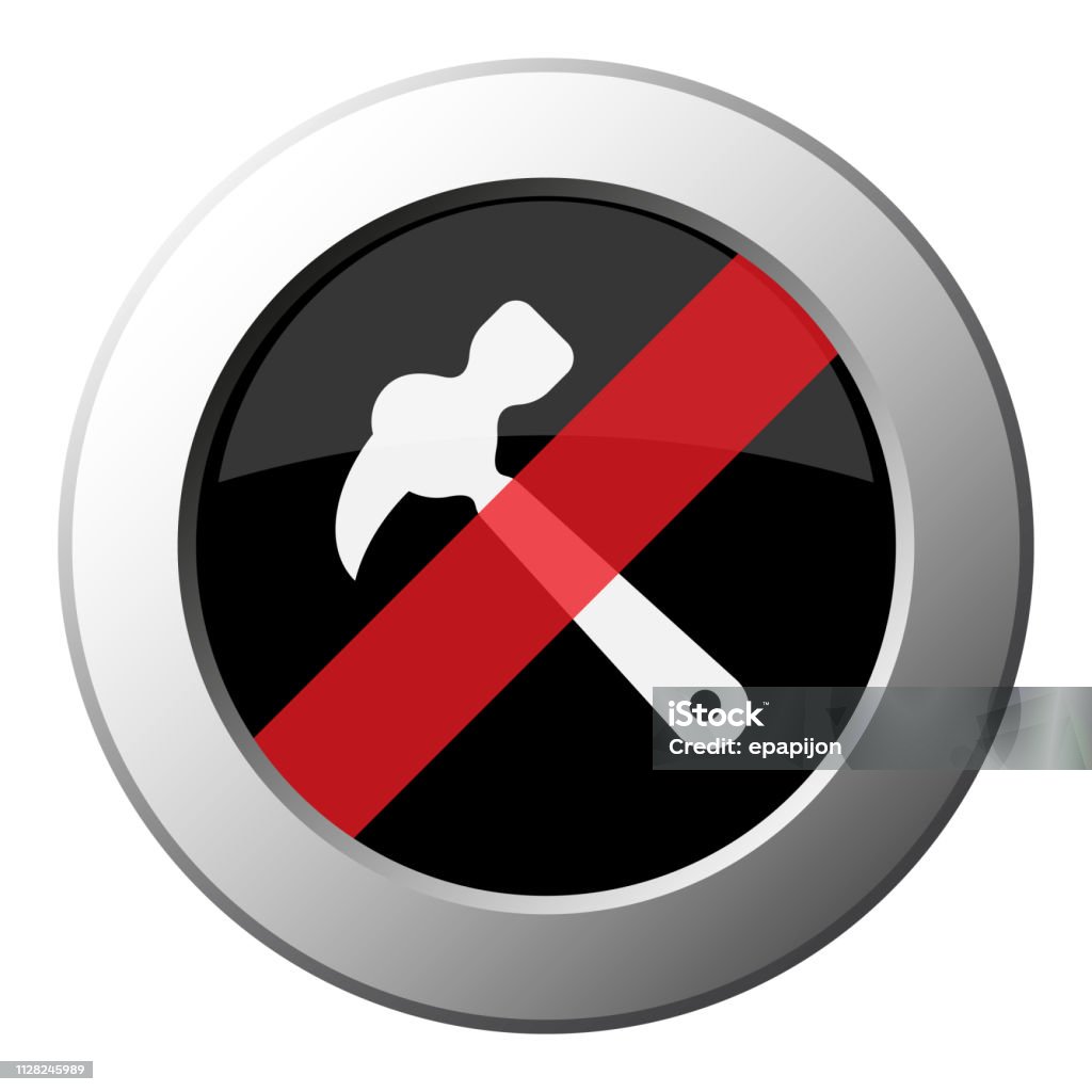 claw hammer - ban round metal button, white icon claw hammer - ban round metallic push button with white icon on black and diagonal red stripe Abstract stock vector