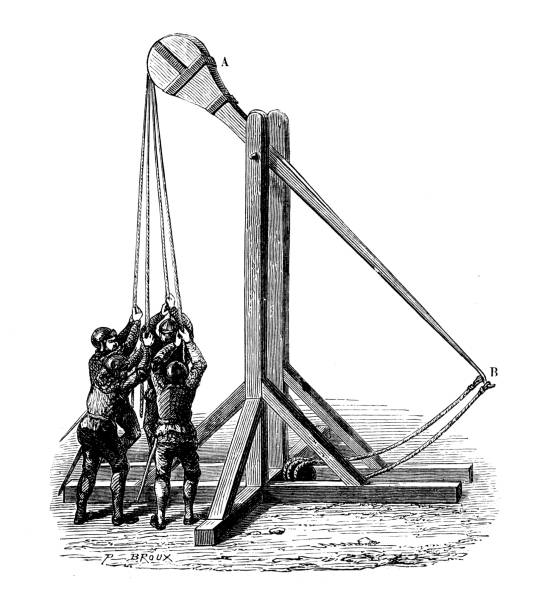 과학적 발견의 그림 골동품: 전쟁 무기와 폭발물, 투 석 - trebuchet stock illustrations