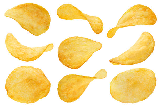 Chips on white Collection of potato chips, isolated on white background potato chip photos stock pictures, royalty-free photos & images