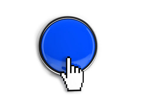 Blue Button With Hand Cursor İsolated On White With Clipping Path