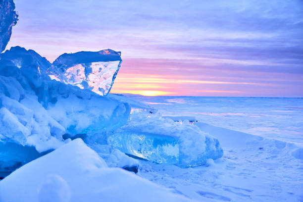 Baikal ice Landscape winter lake Baikal, the Barguzin Bay, the view of the Holy Nose Peninsula красота stock pictures, royalty-free photos & images