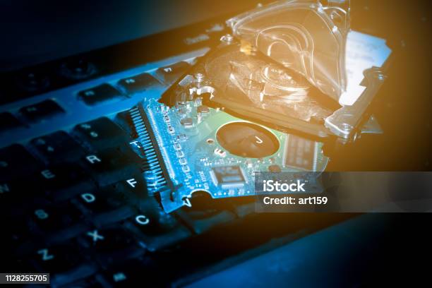 Computer Hard Drive On The Keyboard Concept Of Hacker Hacking Stock Photo - Download Image Now