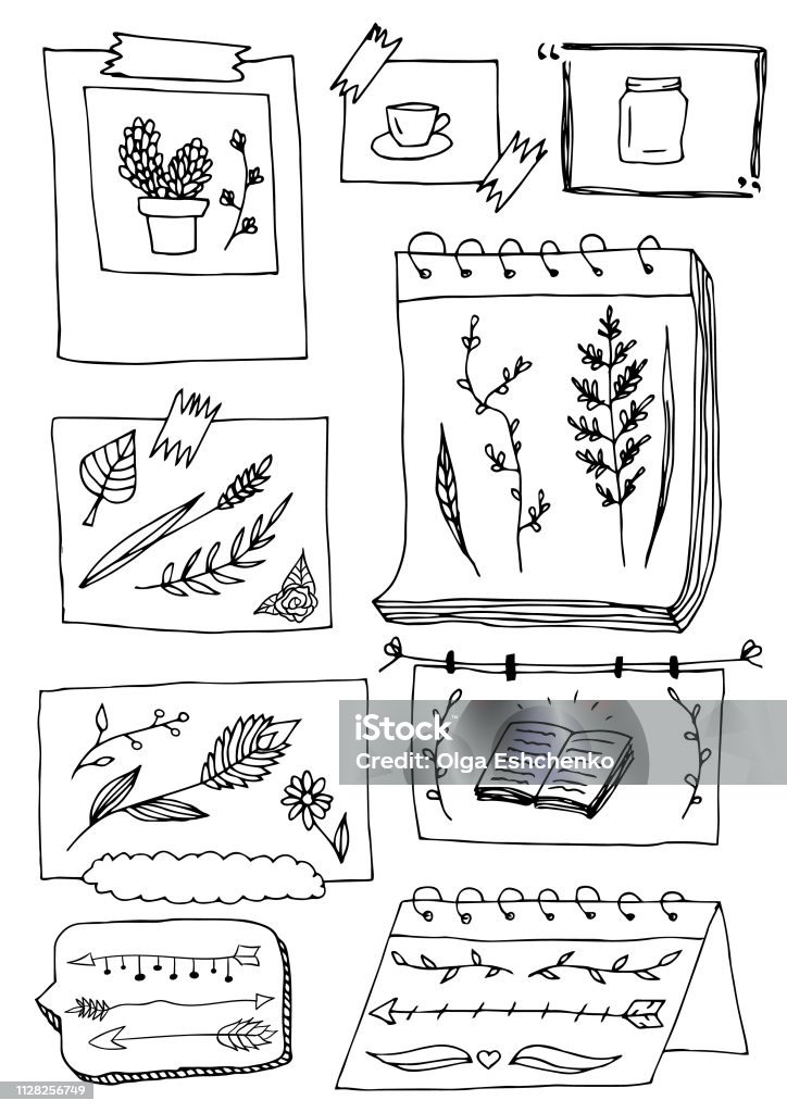 Bullet Journal Frames with Doodle Plants and Arrows. Set of Cute Hand drawn Doodle Banners isolated on white background for your Design. Bullet journal Ideas. Girly Stuff. Harajuku Style. Diary stock vector