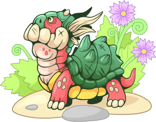 Vector illustration of little cartoon turtle dragon, funny illustration