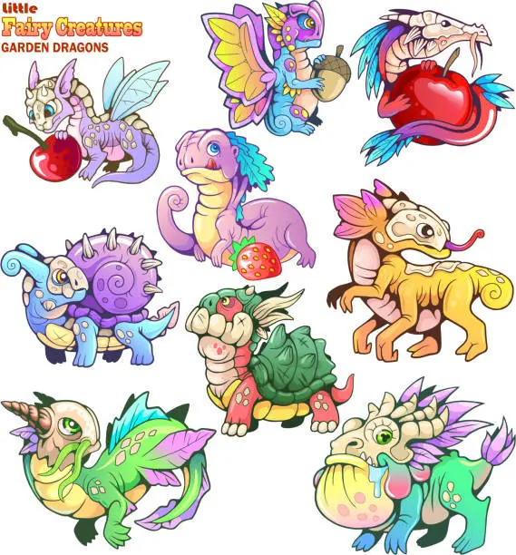 Vector illustration of small, cartoon, garden dragons, set of funny images