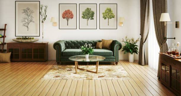 stilvolle wohnzimmer - teppichboden couch stock-fotos und bilder