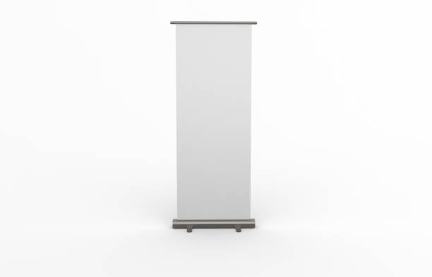 istock 3D illustration of Blank Roll Up Banner Display Banner Stand Backdrop for trade show advertising stand 1128260202