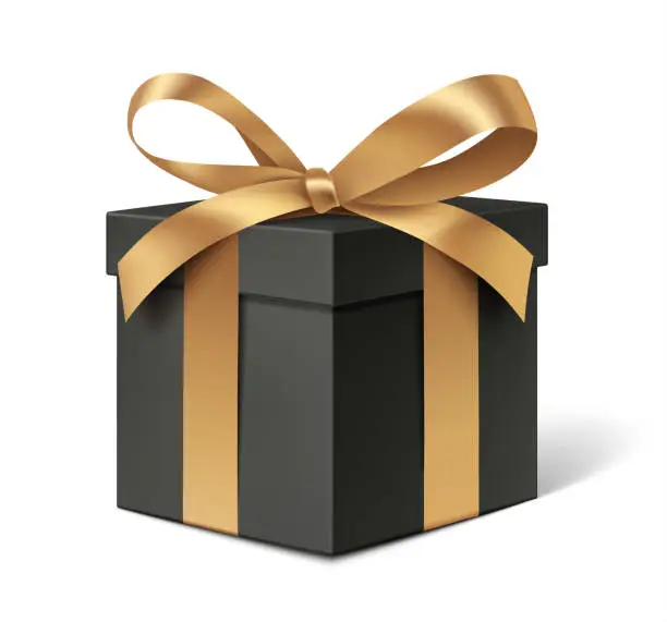 Vector illustration of Decorative black gift box with golden bow isolated on white.