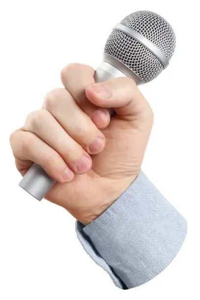 Photo of Hand and a microphone on white