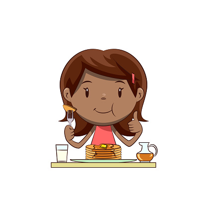 Child eating pancakes, hungry, girl, cute kid, hotcakes, breakfast, honey, syrup, glass of milk, holding fork, thumbs up, gesture, young, woman, person, pretty, happy cartoon character, vector illustration, isolated, white background