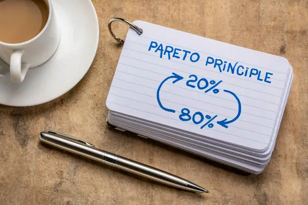 Pareto 80-20 principle concept - a sketch on a stack of index cards with a cup of coffee and  a pen