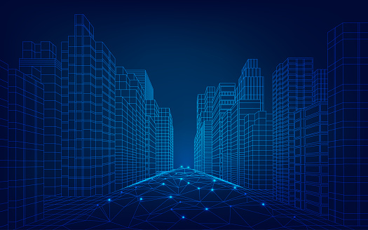 concept of smart or digital city, wireframe cityscape in futuristic style