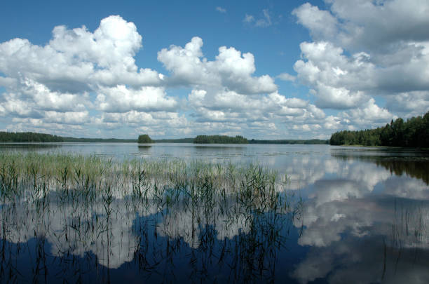 istock Tranquil lake landscape with white clouds and a blue sky reflected symmetrically in the clean blue water, Finland 1128274199