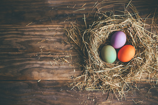 Dyed easter eggs in hay nest on a rustic wooden background. Top view
