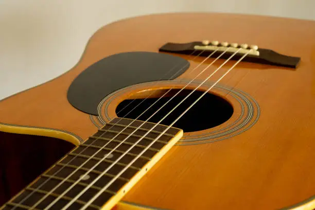 A piece of a 6-string guitar with wood color in yellow