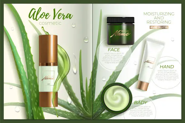 Vector illustration of Design advertising poster for cosmetic product for catalog, magazine. Design of cosmetic package.Moisturizing cream, gel, body lotion with aloe vera extract . Vector illustration with isolated objects