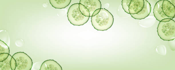 Beautiful, horizontal, green, realistic cucumber background with splashes of liquid for advertising banners and cosmetics advertisements. Beautiful, horizontal, green, realistic cucumber background with splashes of liquid for advertising banners and cosmetics advertisements. cucumber slice stock illustrations