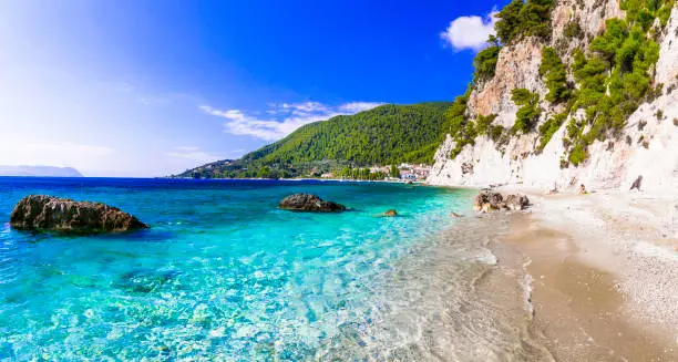 Photo of beautiful Skopelos island - picturesque  Hovolos beach. Sporades, Greece