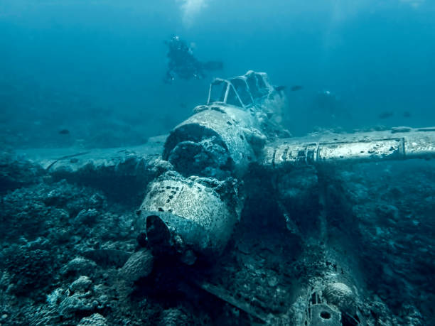 Jake Seaplane Wreck with Diver in Blue Ocean stock photo