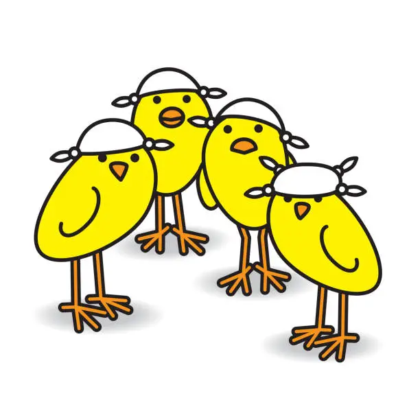 Vector illustration of Four Yellow Chicks wearing Handkerchiefs on Heads