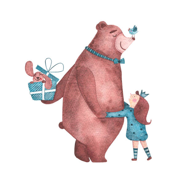 ilustraciones, imágenes clip art, dibujos animados e iconos de stock de abrazos de oso lindo acuarela chica y felicitándola con feliz cumpleaños - birthday card dog birthday animal