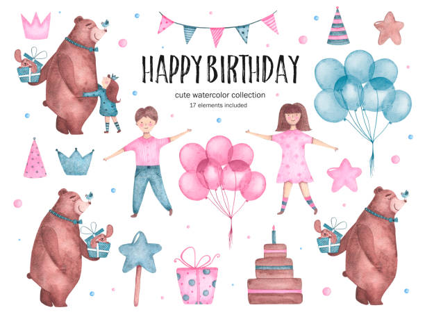 satz von aquarell alles gute zum geburtstag elemente bear hugs ballons mädchen junge - birthday first place cake symbol stock-grafiken, -clipart, -cartoons und -symbole