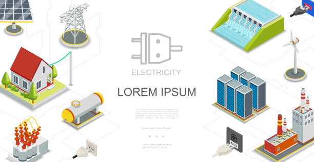 ilustraciones, imágenes clip art, dibujos animados e iconos de stock de electricidad isométrica y el concepto de energía - nuclear energy nuclear power station wind turbine energy