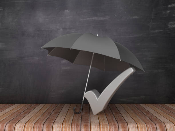 istock Umbrella with Check Mark on Wood Floor - Chalkboard Background - 3D Rendering 1128283215