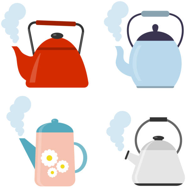 illustrazioni stock, clip art, cartoni animati e icone di tendenza di tè. tè fresco preparato - teiera, versare in una tazza di tè. illustrazione vettoriale del logo per teiera in ceramica, bollitore su sfondo. modello di teiera costituito. - bollente