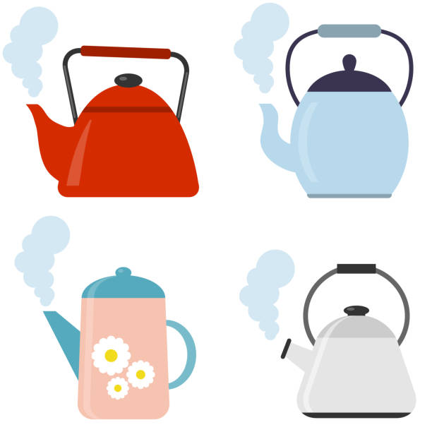 ilustrações de stock, clip art, desenhos animados e ícones de tea. fresh brewed tea - teapot, pour in a cup of tea. vector illustration of logo for ceramic teapot, kettle on background. teapot pattern consisting. - boiling water