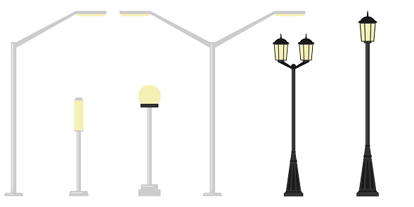 Street lights realistic icon set on white background in different styles. Decorative stylized streetlights silhouettes.