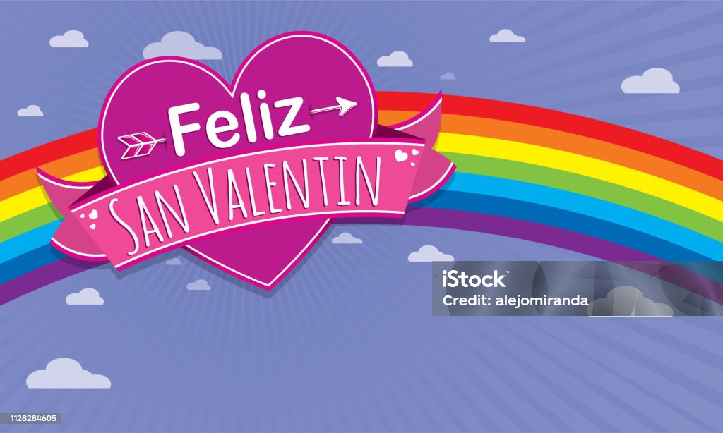 Card cover with message: Feliz Dia de San Valentin -Happy Valentines Day in Spanish language- on a purple heart surrounded with pink ribbon on a blue background with rainbow Card cover with message: Feliz Dia de San Valentin -Happy Valentines Day in Spanish language- on a purple heart surrounded with pink ribbon on a blue background with rainbow - Vector image Valentine's Day - Holiday stock vector