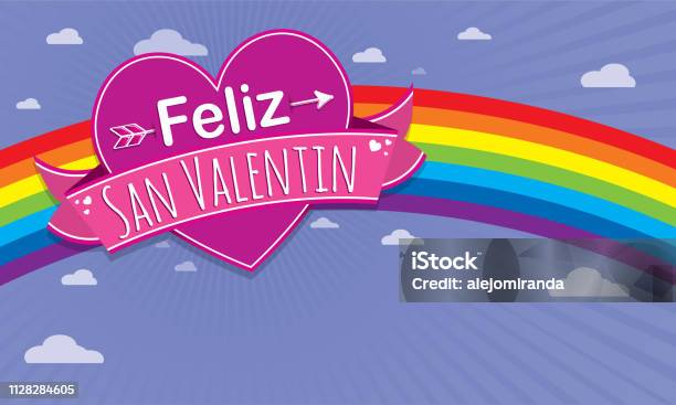 Card Cover With Message Feliz Dia De San Valentin Happy Valentines Day In Spanish Language On A Purple Heart Surrounded With Pink Ribbon On A Blue Background With Rainbow Stock Illustration - Download Image Now
