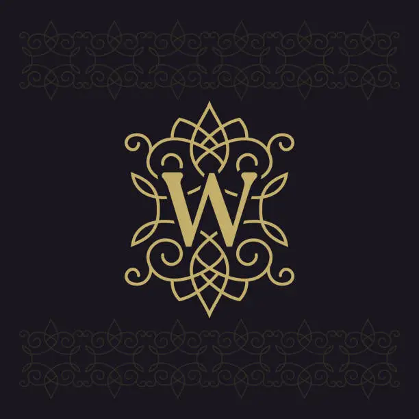 Vector illustration of Capital letter W. Beautiful monogram. Elegant logo. Calligraphic design. Luxury emblem. Vintage ornament. Simple graphics style. Flourishes boutique brand on black background. Vector illustration