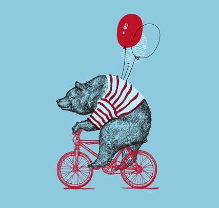 Bear Ride Bike Balloon Vector Grunge Print. Hipster Mascot Cute Wild Grizzly in Striped Vest on Bycicle Isolated. Blackwork Tattoo Animal Character Outline Sketch. Teddy Design Flat Illustration.