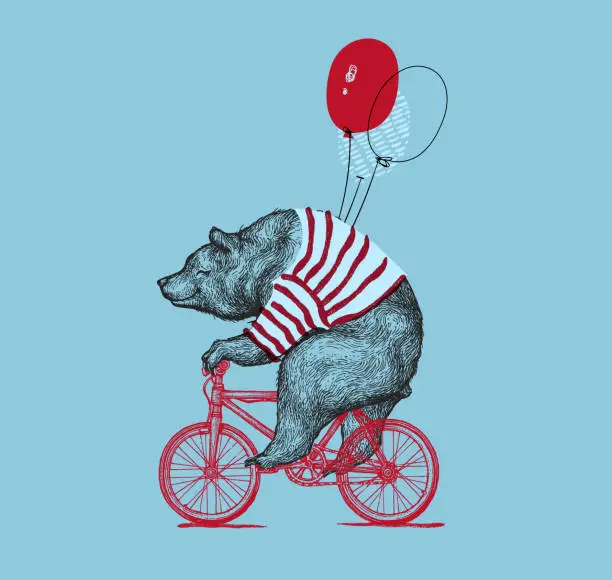 Vector illustration of Bear Ride Bike Balloon Vector Grunge Print. Hipster Mascot Cute Wild Grizzly in Striped Vest on Bycicle Isolated. Blackwork Tattoo Animal Character Outline Sketch. Teddy Design Flat Illustration