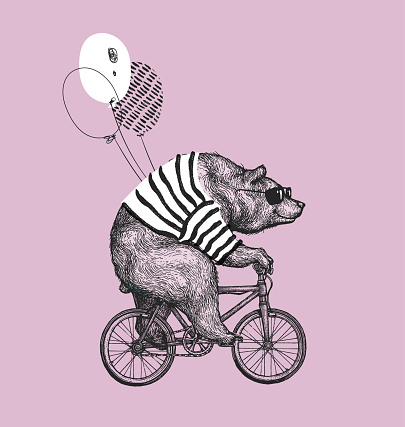 Cute bear wearing cool galssess riding bicycle. Bear with the balloon. T-shirt print design. Circus show illustration. T-shirt graphics, fashion illustration, print design.