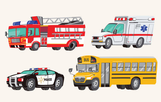 세트 장난감 사회 차량입니다. 특별 한 기계, 경찰 차, 트럭, 구급차, 학교 버스, 도시 버스 화재. 장난감 자동차입니다. 벡터 일러스트입니다. - 경찰차 stock illustrations