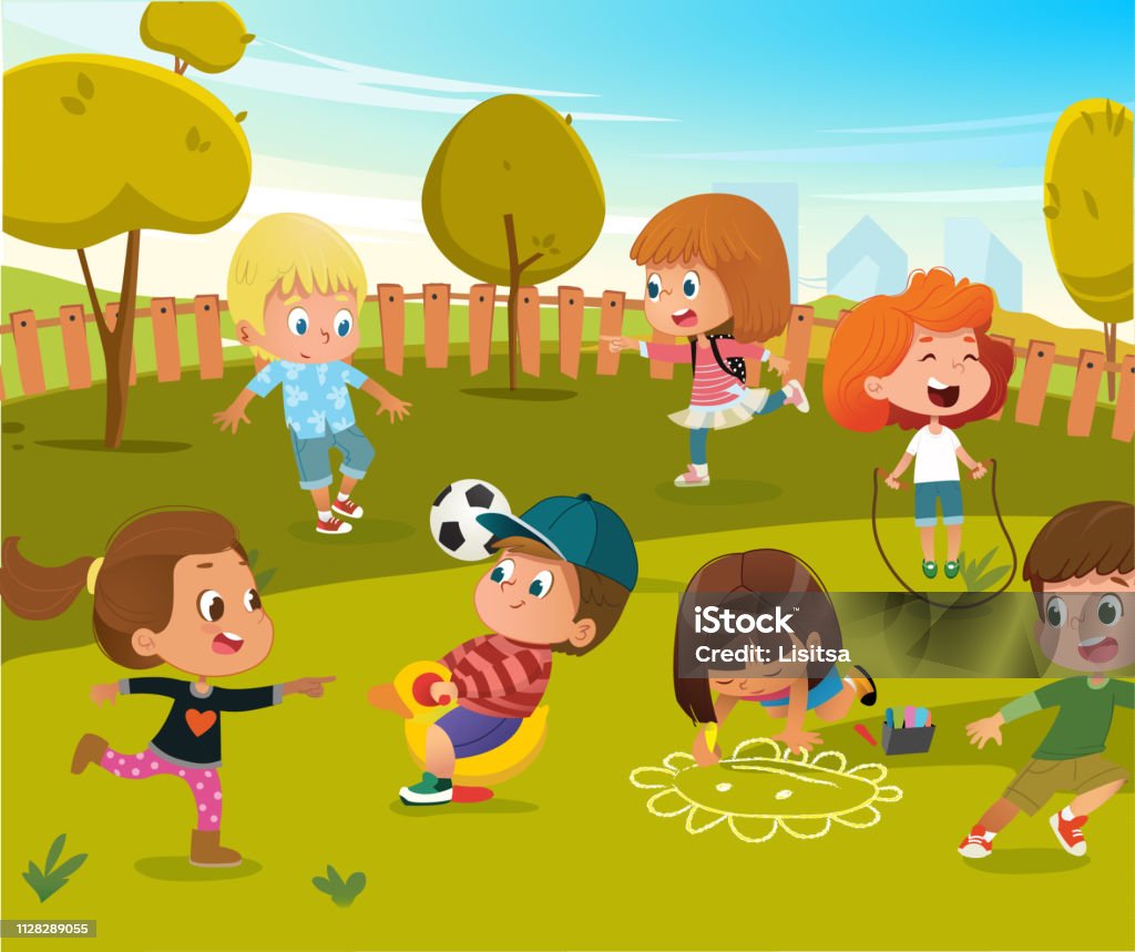 Baby Play Kindergarten Playground Illustration Children Play Football And  Swing Outdoor In Summer Green Tree Park Happy Boy And Girl Vector Cartoon  Character Activity Toy Equipment Stock Illustration - Download Image Now -