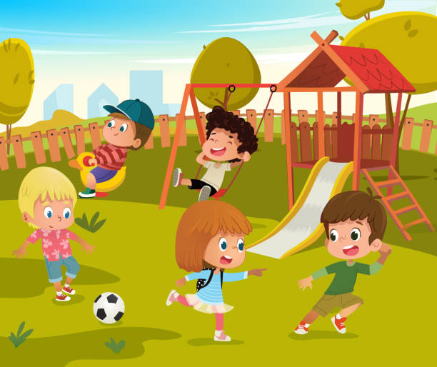 ilustraciones, imágenes clip art, dibujos animados e iconos de stock de ilustración de vector de bebé infantil verano parque. los niños juegan al fútbol y swing al aire libre yarda de escuela kindergarten. pequeño juego de niño en la naturaleza. niño y niña de dibujos animados carácter actividad concepto - recreo