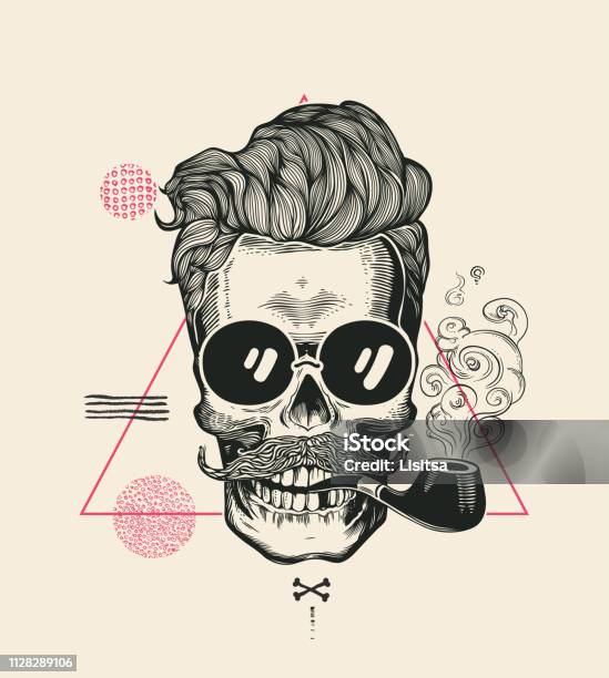 Hipster Skull Smoke Pipe Vector Illustration Print Cool Mustache Skeleton Face In Sunglasses Urban Modern Hair Tshirt Print Monochrome Sailor Head Black Death Silhouette Stock Illustration - Download Image Now