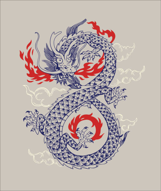 ilustrações, clipart, desenhos animados e ícones de ilustração em vetor tradicional chinês do dragão. dragão oriental infiniti forma isolada silhueta de contorno de ornamento. mitologia asiática animal design gráfico para impressão ou tatuagem - painted image traditional culture art dragon