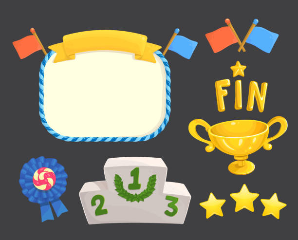 ilustrações de stock, clip art, desenhos animados e ícones de game rating icons with stars game element, flags, awards, gold cup, inscriptions for game ending and fin, level results icon - ascot
