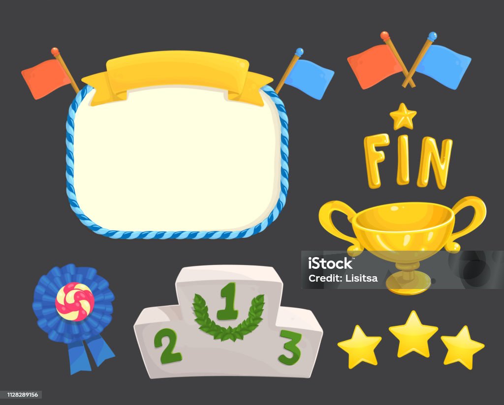 Game rating icons with stars game element, flags, awards, gold cup, inscriptions for game ending and fin, level results icon Game rating icons with stars game element, flags, awards, gold cup, inscriptions for game ending and fin, level results icon. Match - Sport stock vector