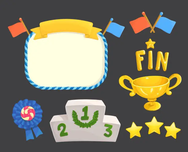 Vector illustration of Game rating icons with stars game element, flags, awards, gold cup, inscriptions for game ending and fin, level results icon