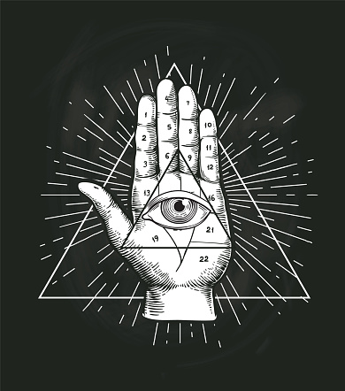 All Seeing Eye Triangle Geometric Vector Design. Providance Pyramid Tattoo Symbol with Occult Secret Hand Sign. Mystic Spiritual Illuminati Emblem Sketch Drawing Illustration
