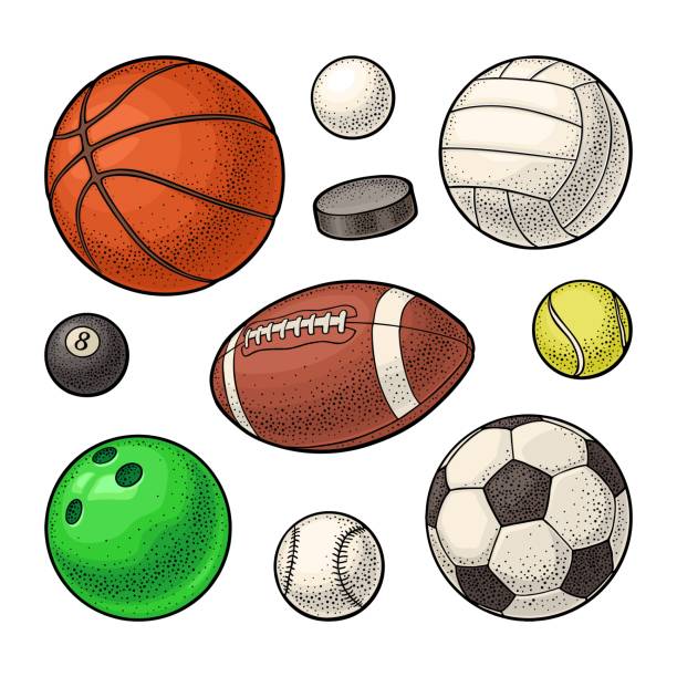 ilustrações de stock, clip art, desenhos animados e ícones de set sport balls icons. engraving color illustration. isolated on white - retro revival basketball american culture sport